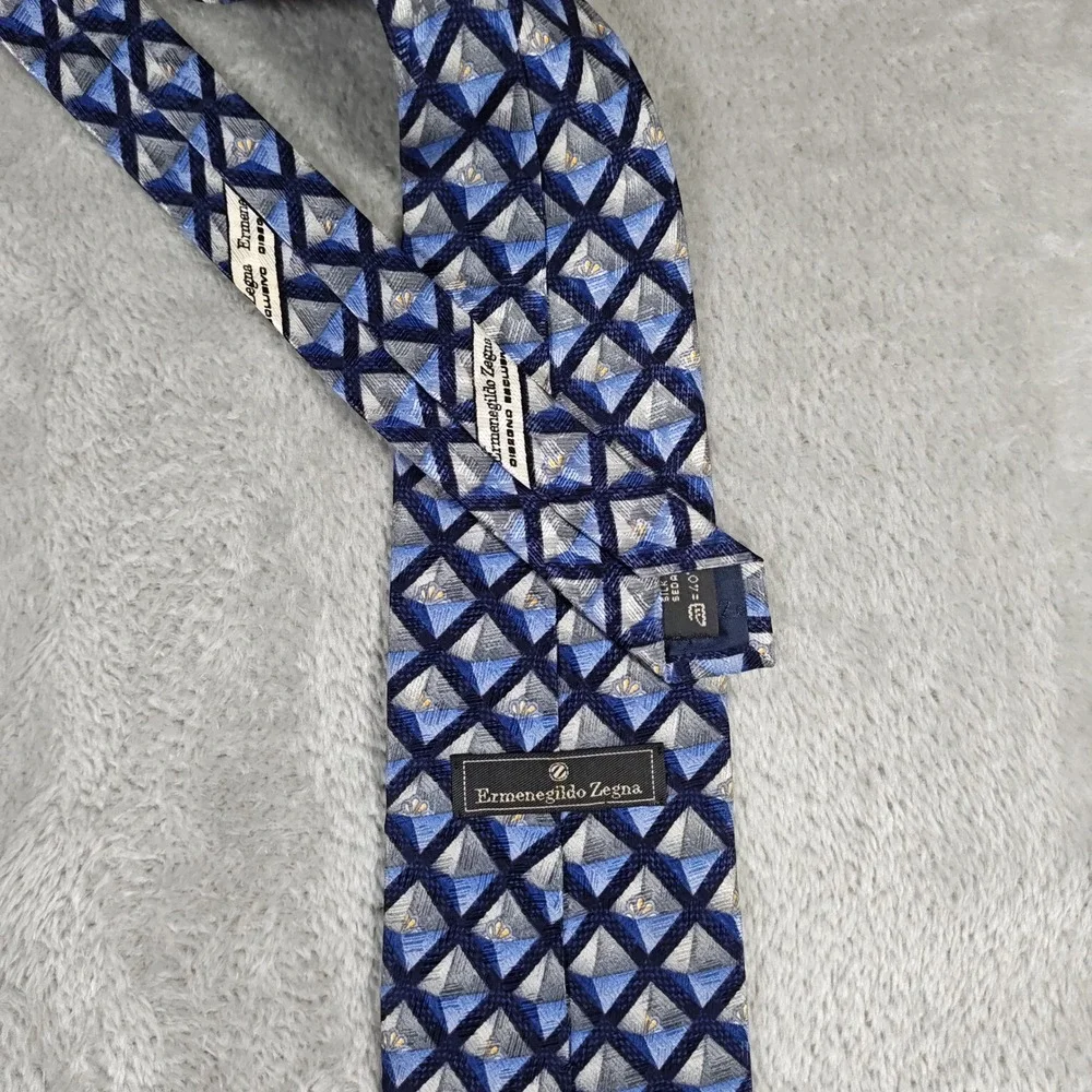 Vintage Ermenegildo Zegna Tie Mens 56X4 Blue Geometric Grid Silk Made In Italy